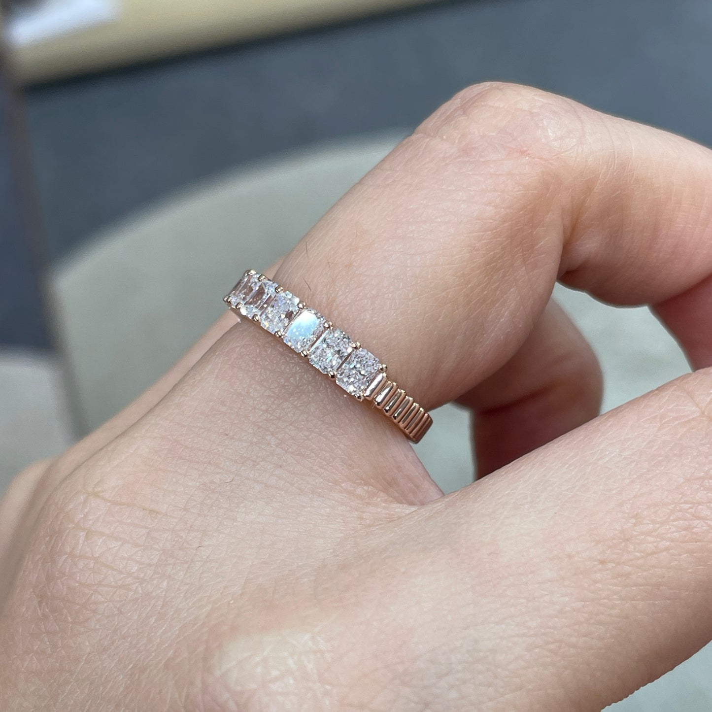 9k Lab diamond Radiant cut 1.4ct half eternity straight vertical line band ring