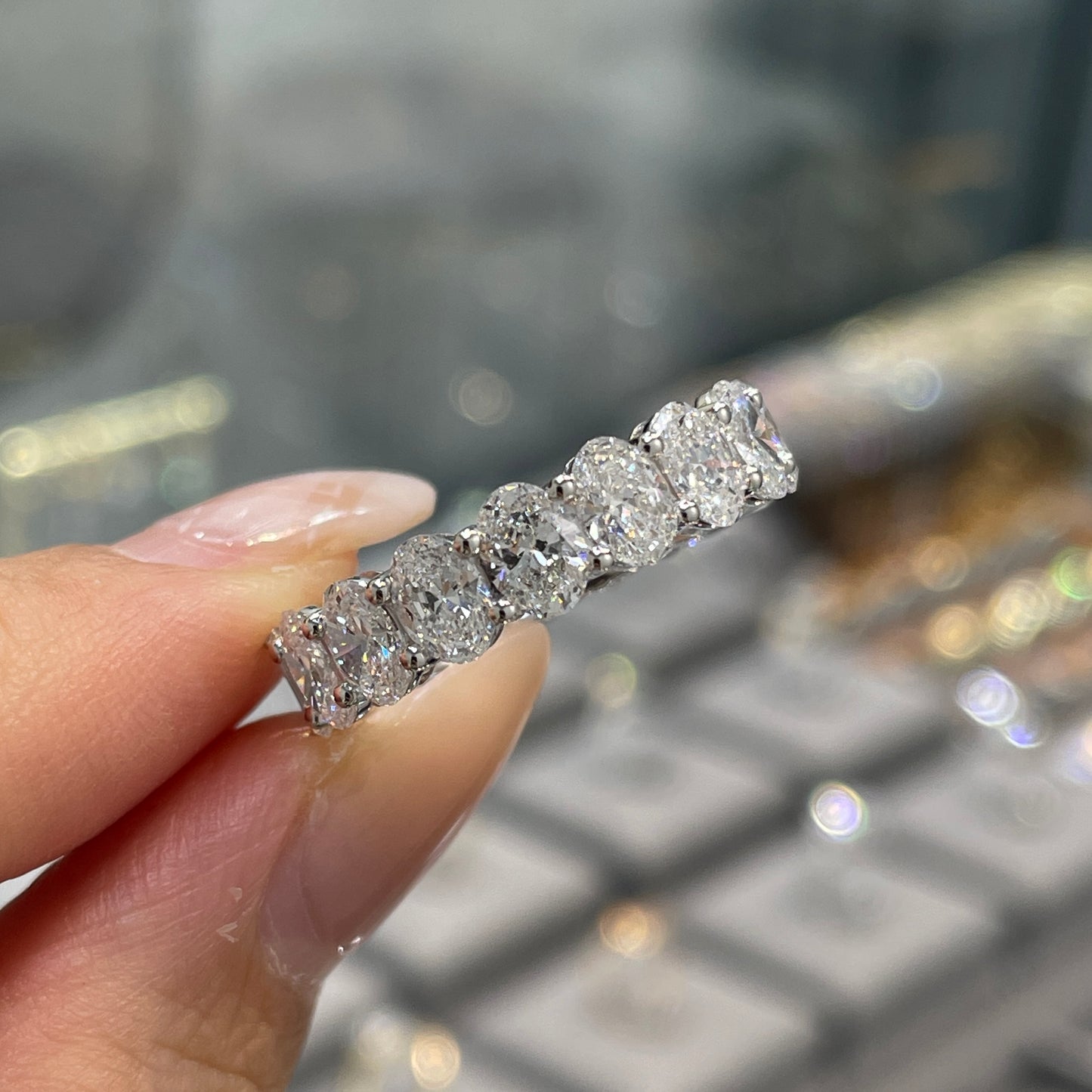 Lab diamond oval & emerald cut half half 6ct full eternity ring