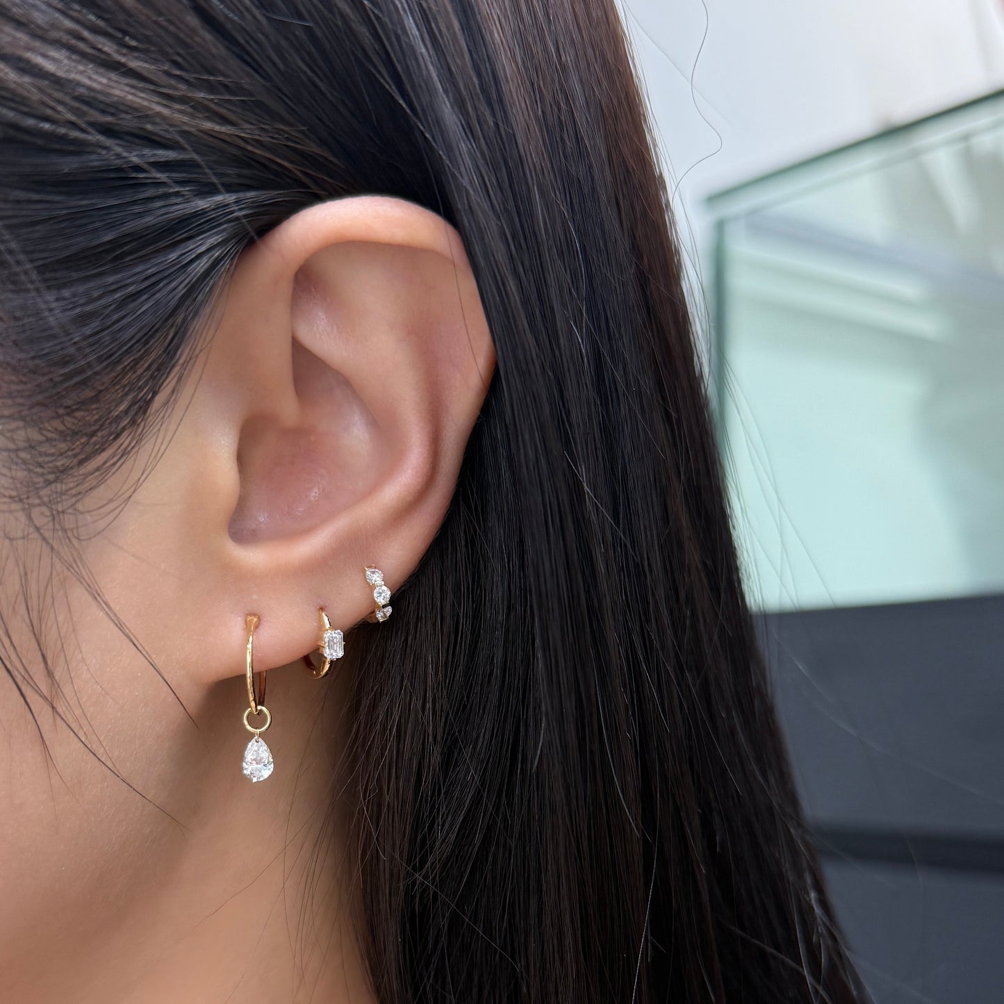 Lab diamond Pear shape 0.6ct floating 10mm hoop earrings-pair