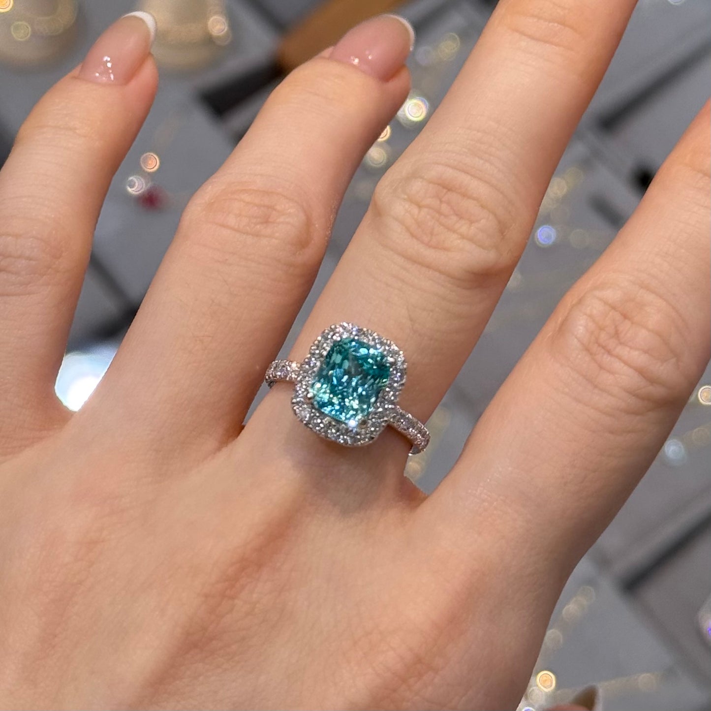Lab Sapphire paraiba color cushion cut 3.4ct classic halo ring