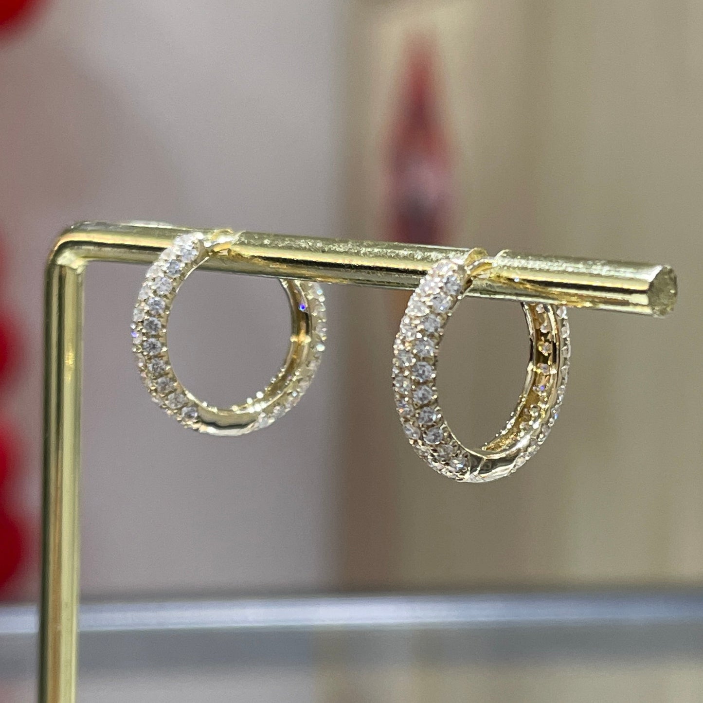 9k Lab diamond round 0.94ct double side three row 11mm hoop earrings-pair