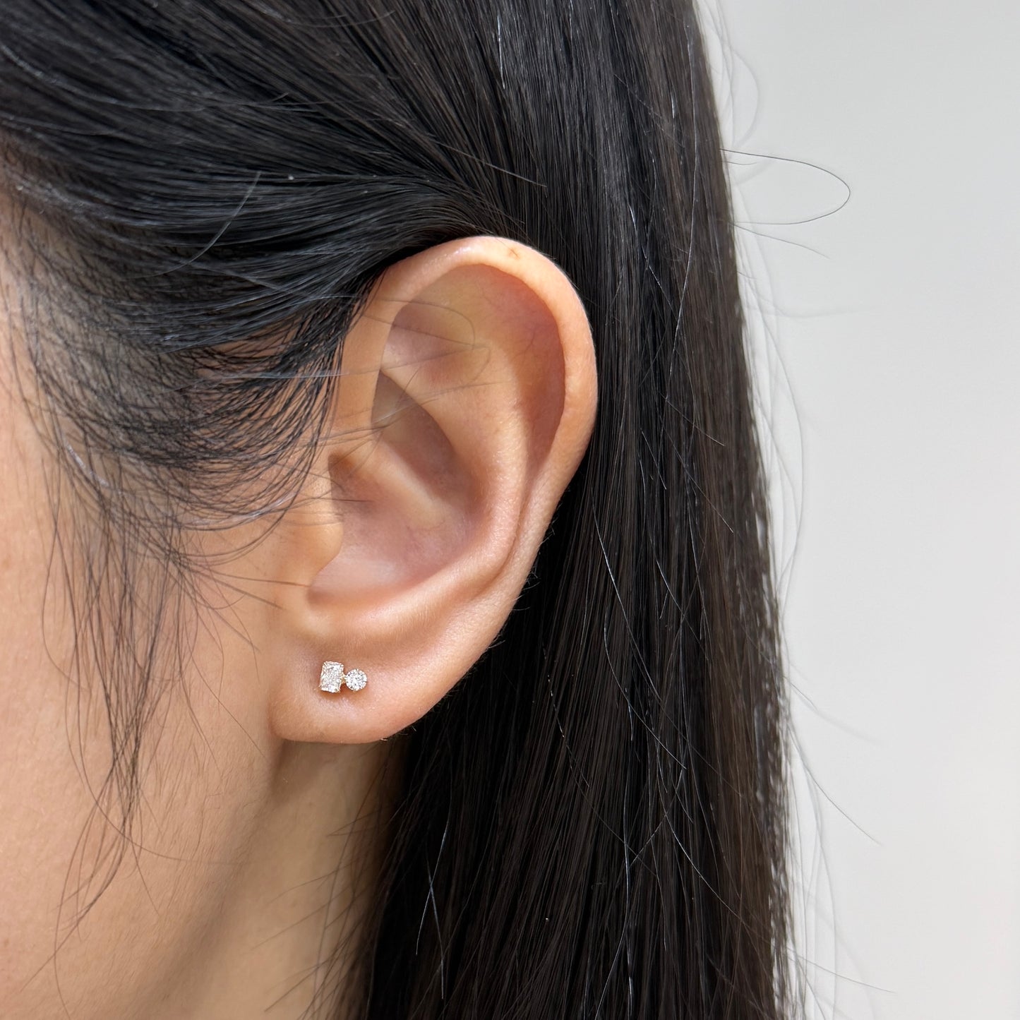 Lab diamond Radiant cut and round toi et moi stud earring-each