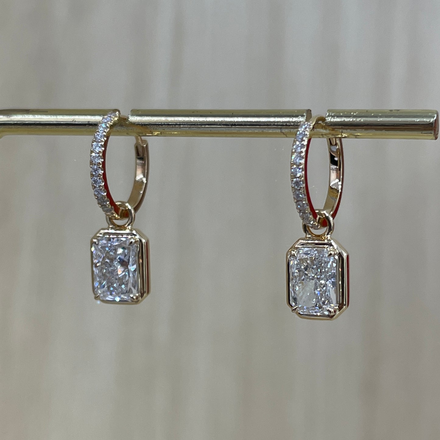 Lab diamond radiant cut 2.14ct four-prong bezel two way hoop earrings - pair