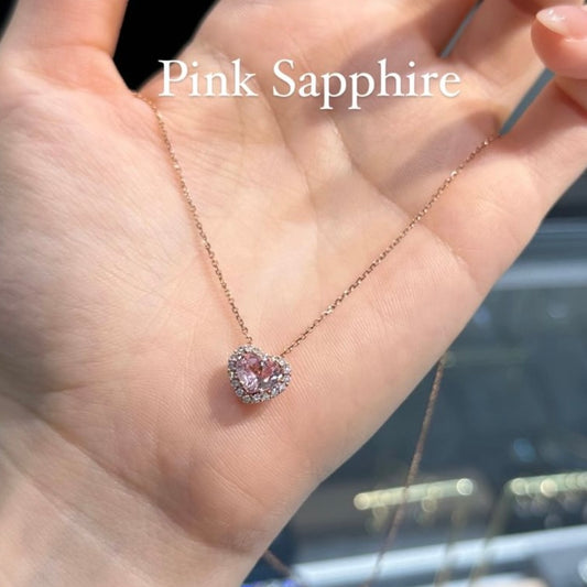 Lab Pink sapphire heart 1.4ct  halo pendant necklace