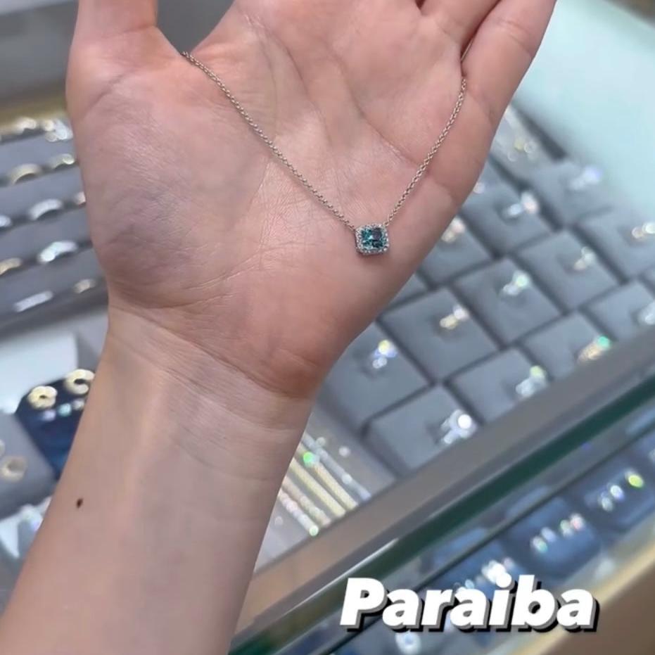 Lab Sapphire paraiba color radiant cut halo setting necklace