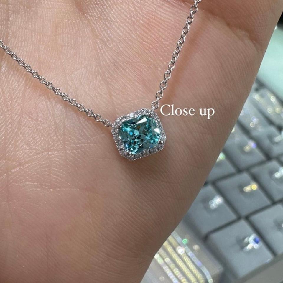 Lab Sapphire paraiba color radiant cut halo setting necklace