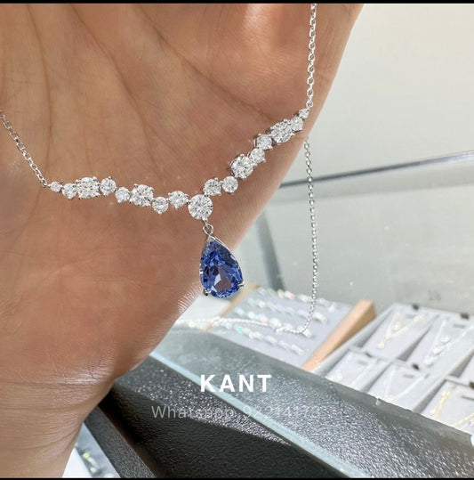 Lab grown sapphire cornflower pear shape 1.5ct with diamond bar necklace