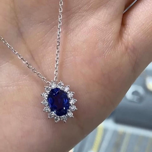 Lab grown sapphire royal blue halo pendant necklace