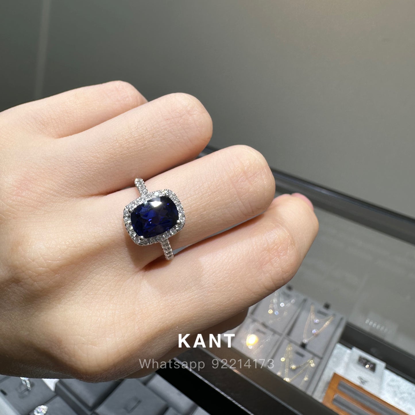 Lab grown sapphire royal blue color cushion cut 2.7ct halo pave ring