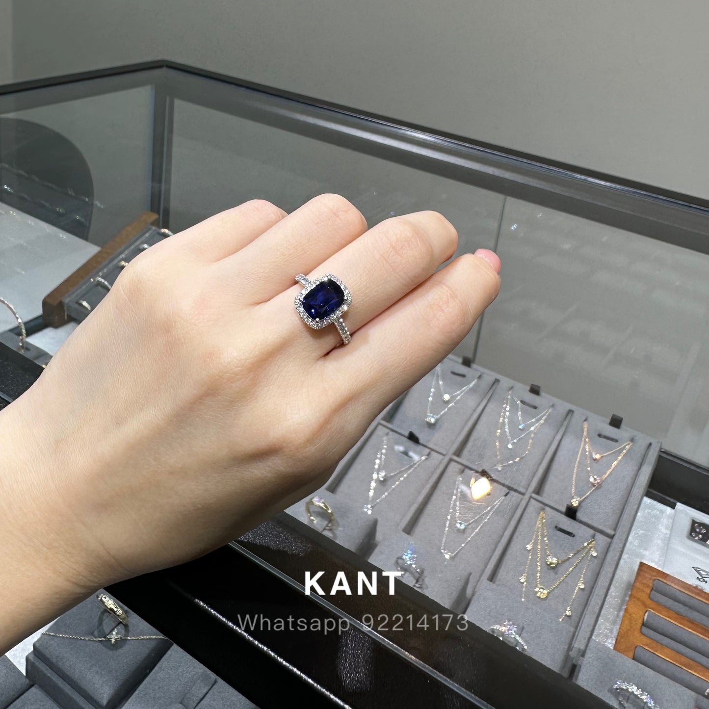 Lab grown sapphire royal blue color cushion cut 2.7ct halo pave ring