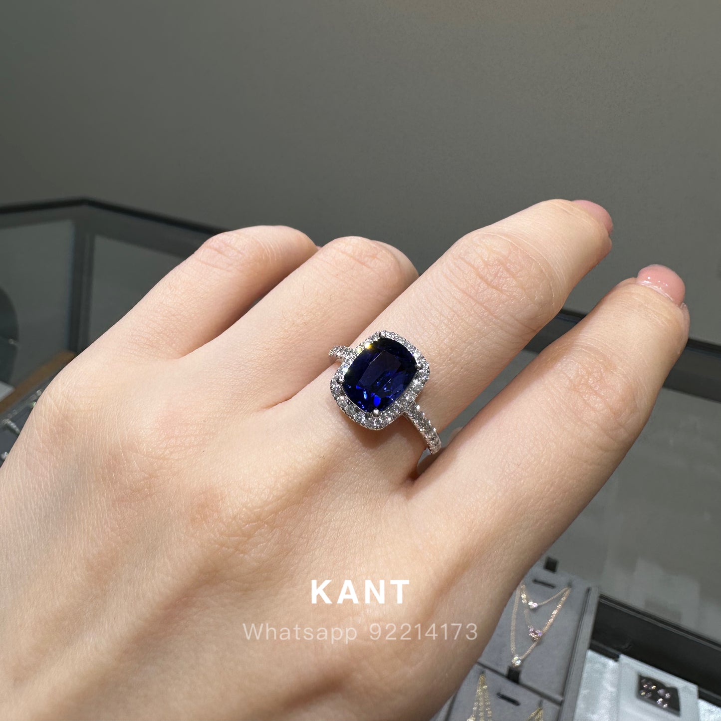 Lab grown sapphire royal blue color cushion cut 2.7ct halo pave ring