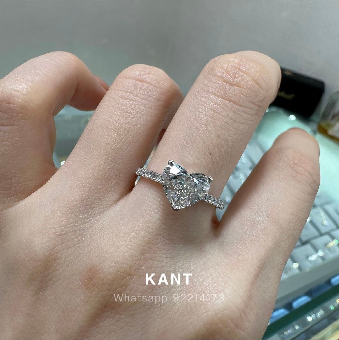 IGI lab diamond heart shape 2ct three-prong pave ring