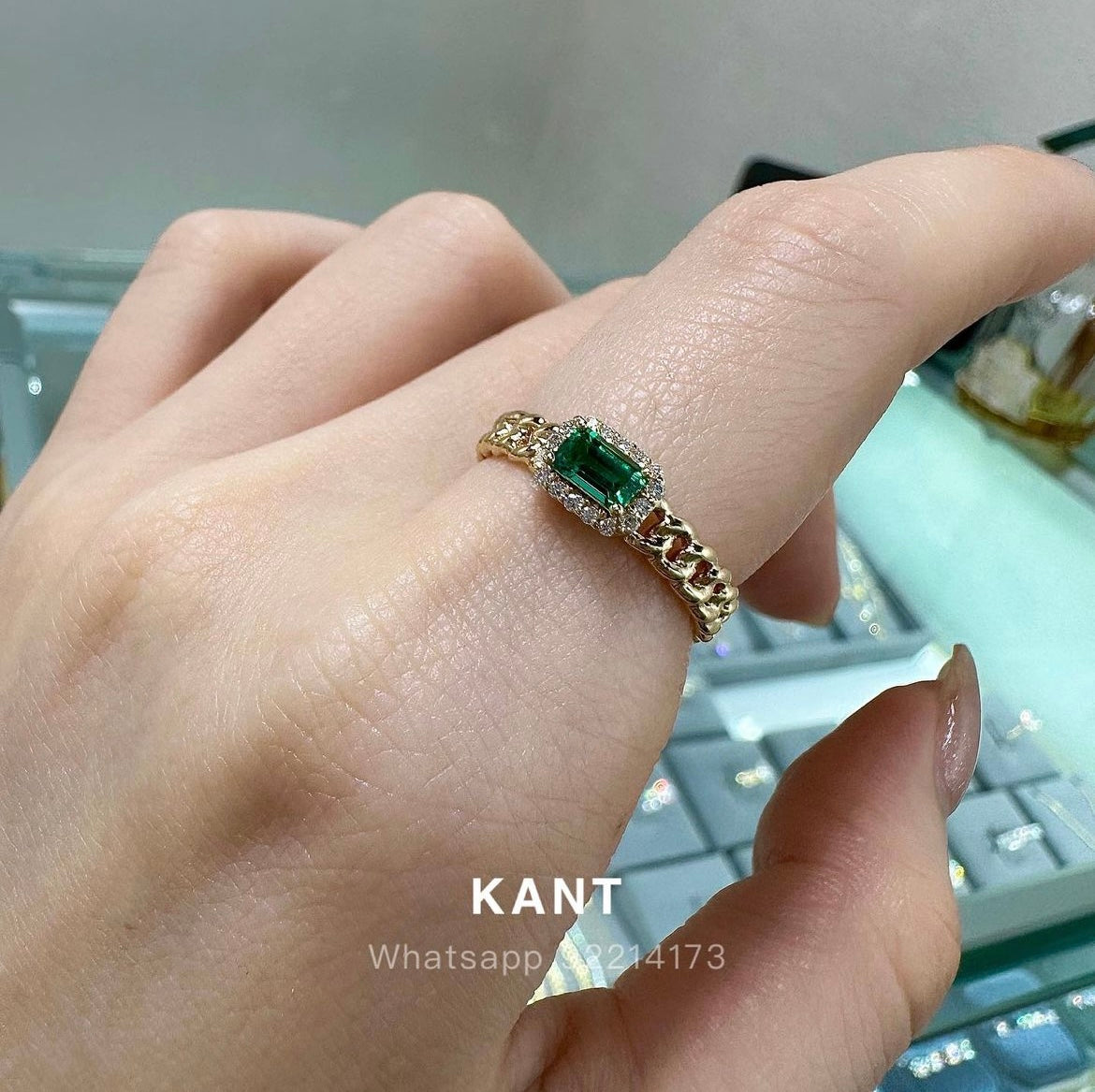 Lab Emerald emerald cut halo Cuban chain ring