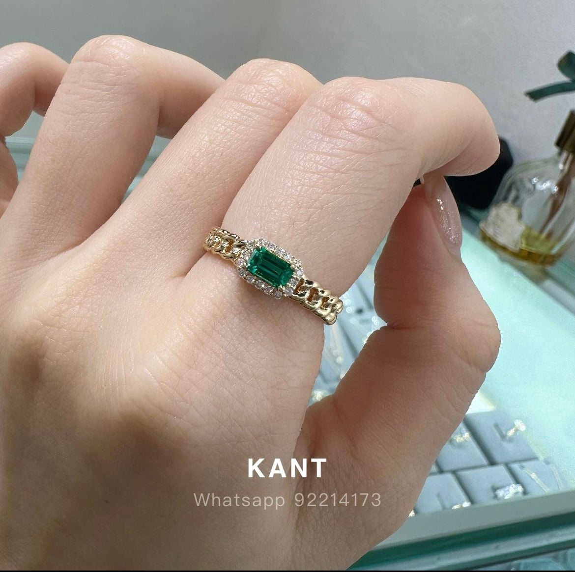 Lab Emerald emerald cut halo Cuban chain ring