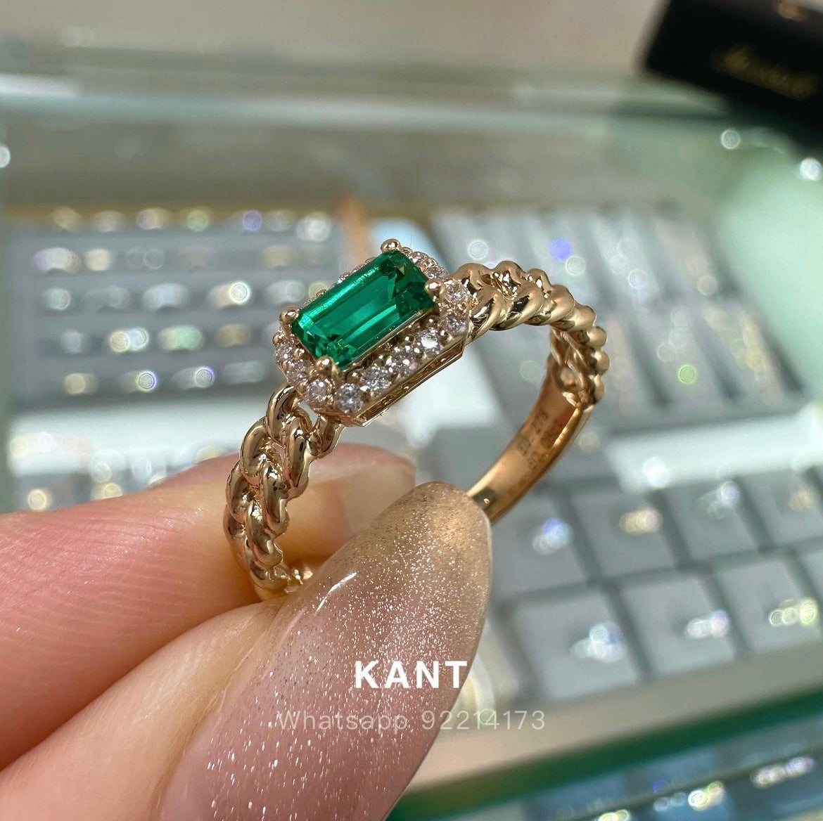 Lab Emerald emerald cut halo Cuban chain ring