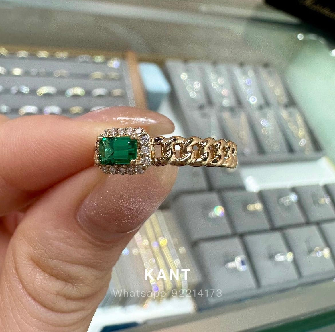 Lab Emerald emerald cut halo Cuban chain ring