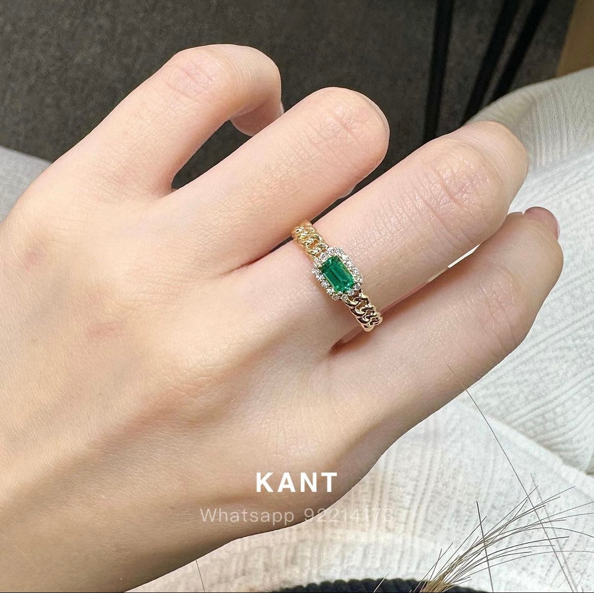 Lab Emerald emerald cut halo Cuban chain ring