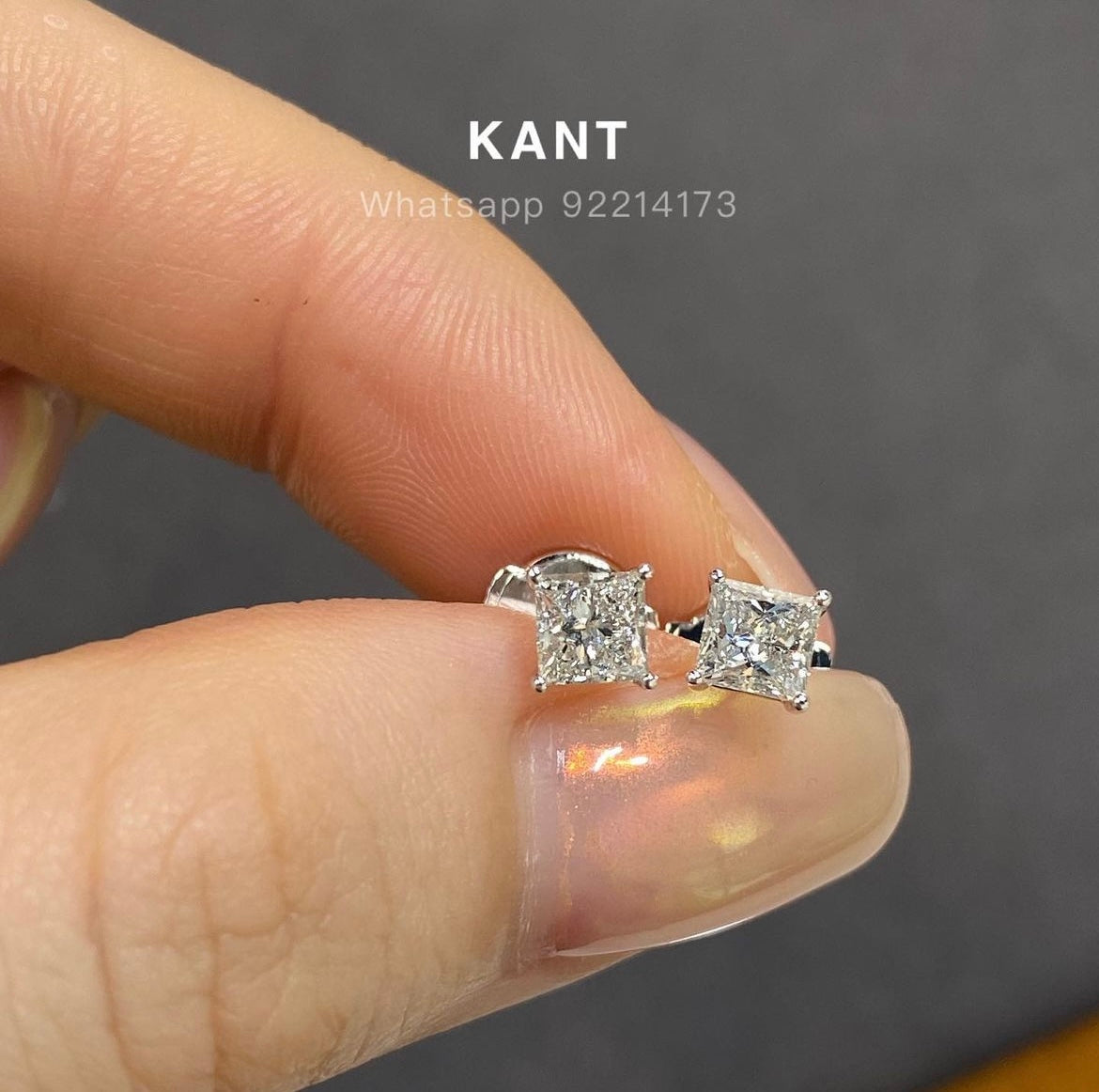 lab diamond Princess cut 0.9ct four-prong stud earrings-pair